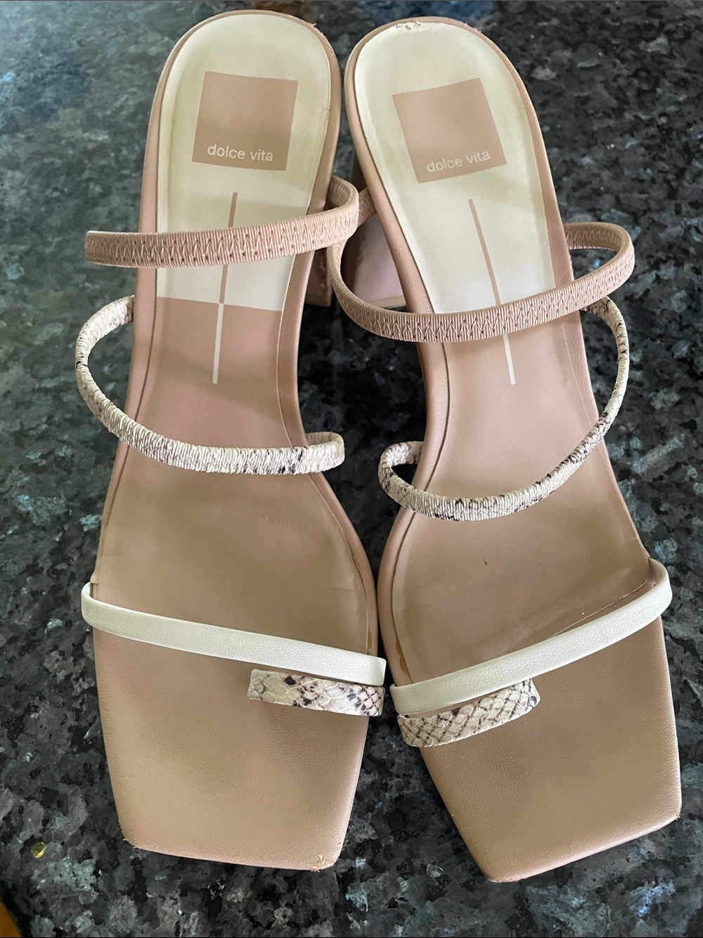 Dolce Vita Blush and Cream Multi-Strap Square-Toe Slide Heels 10M